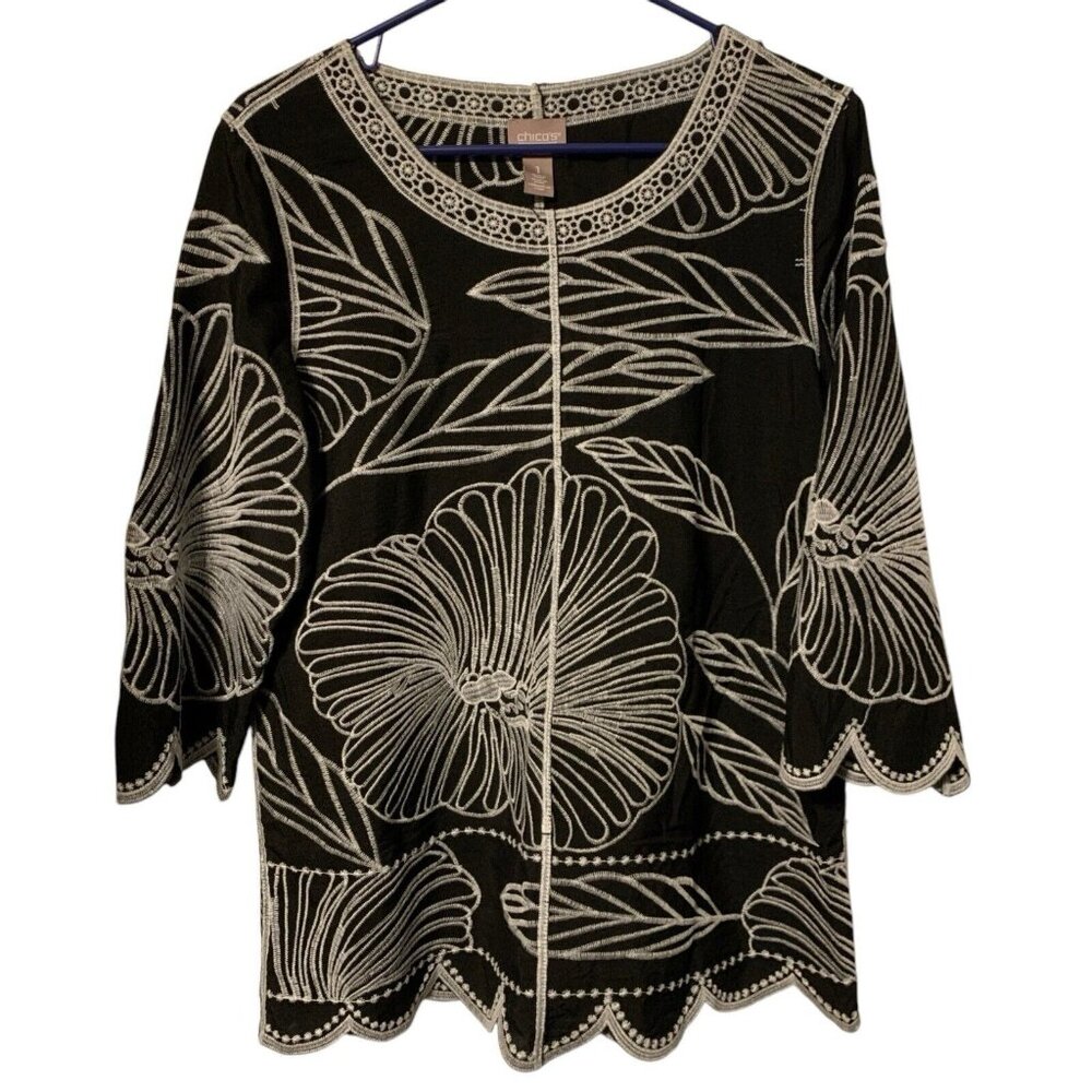 Chicos Black White Embroidered Tunic Floral Scallop Hem Pullover Top Size 1 M